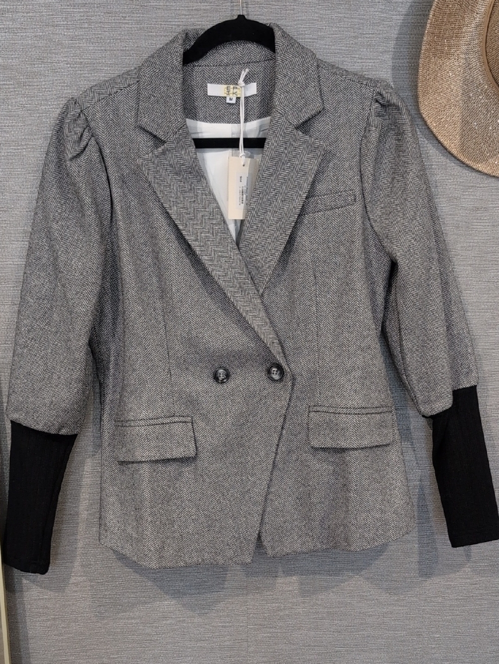 Double-Breasted Herringbone Blazer with Black Knit Cuffs - Gray